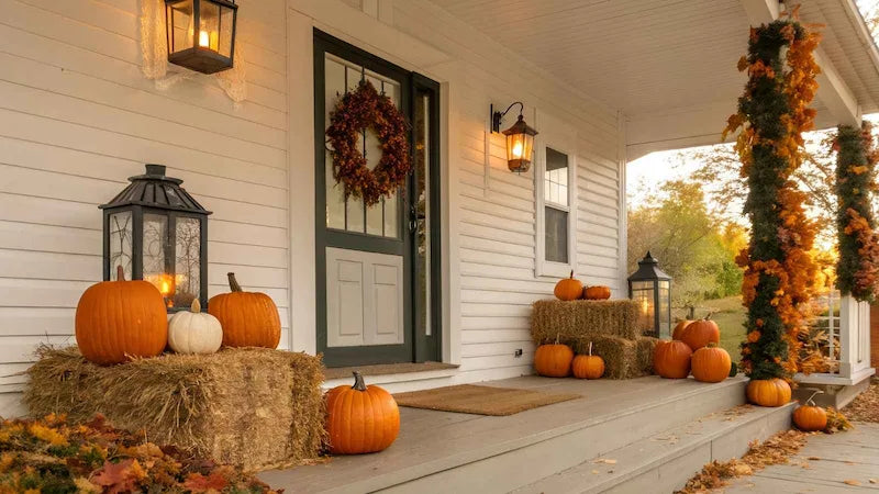 Fresh orange pumpkins on porch with autumn leaves