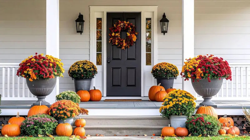 Fall porch with pumpkins lasting longer and flowers