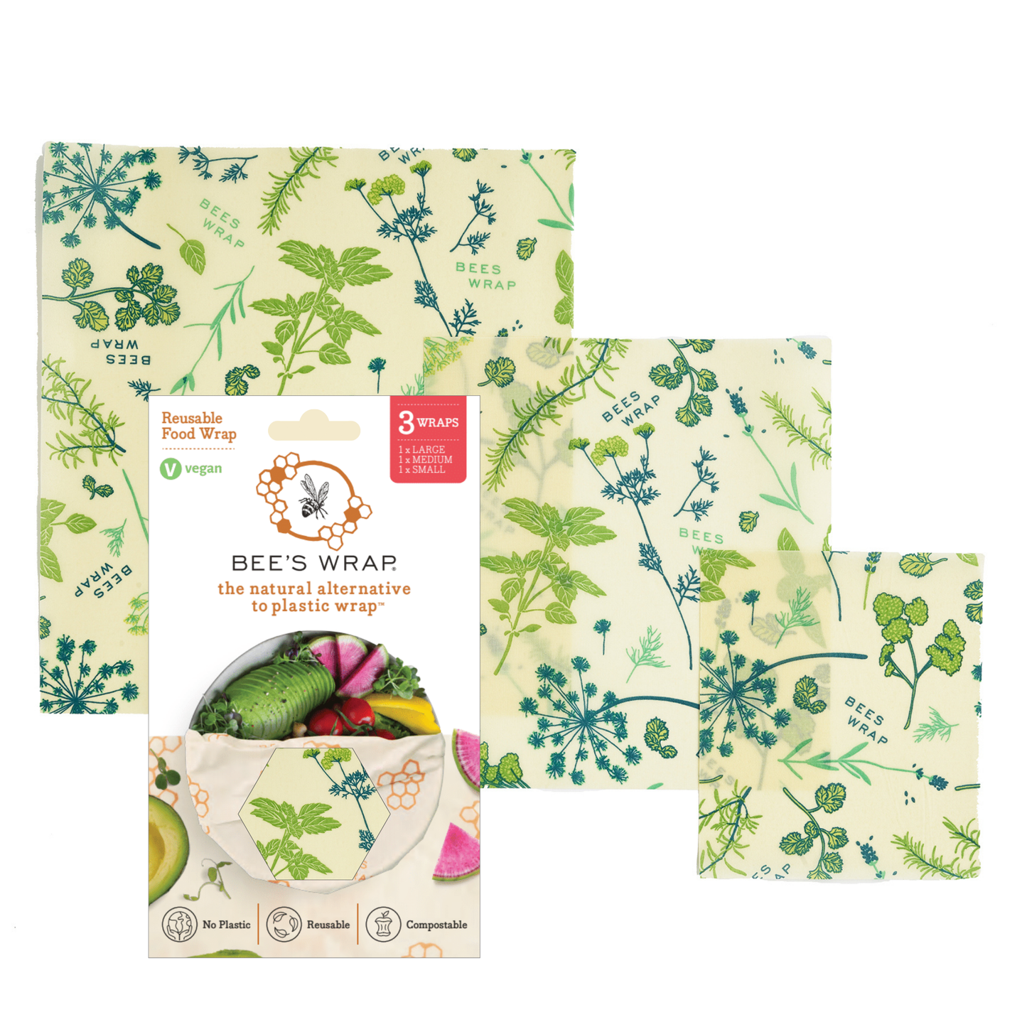 Bee's Wrap® Vegan Assorted 3-Pack | Herb Garden Print (Plant-Based Wax)