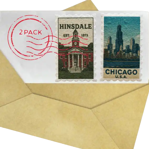 Two  compressed spongemail designs with 'Hinsdale' and 'Chicago, U.S.A.' designs on a white background with a red '2 Pack' stamp.