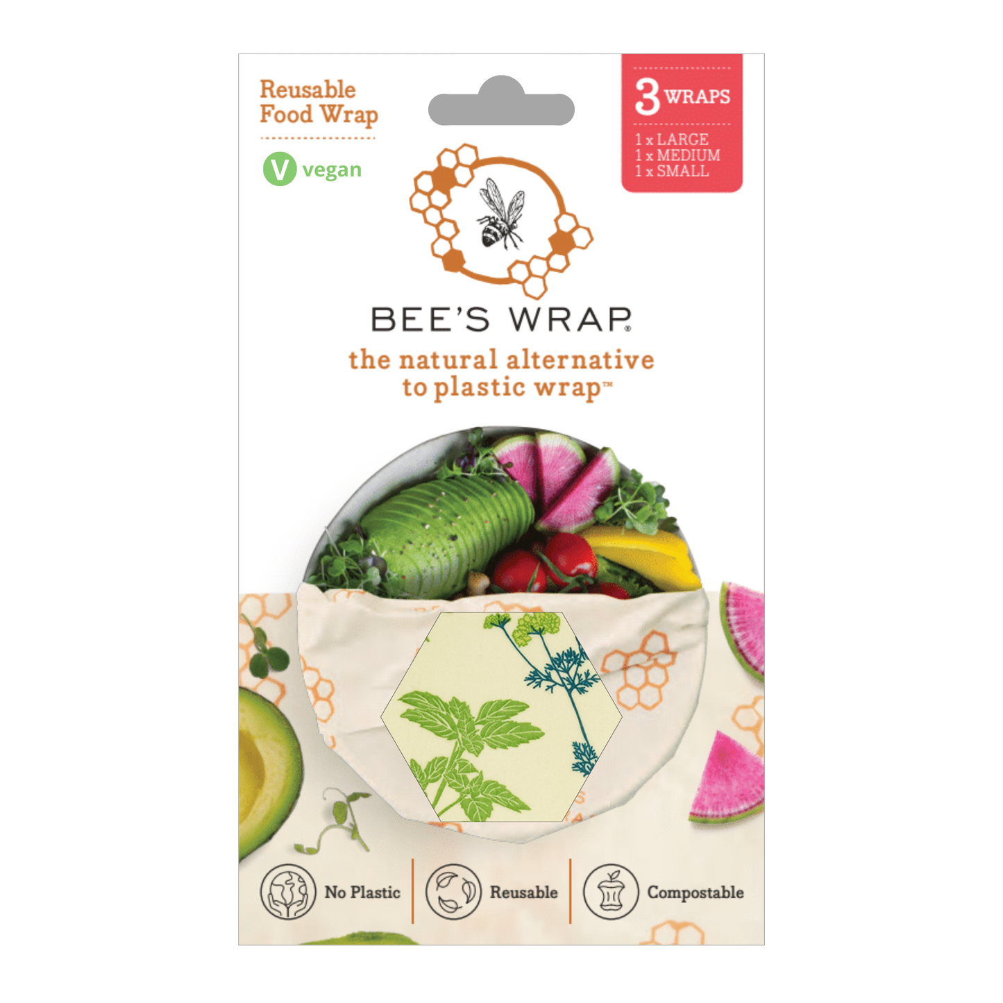 Bee's Wrap® Vegan Assorted 3-Pack | Herb Garden Print (Plant-Based Wax)