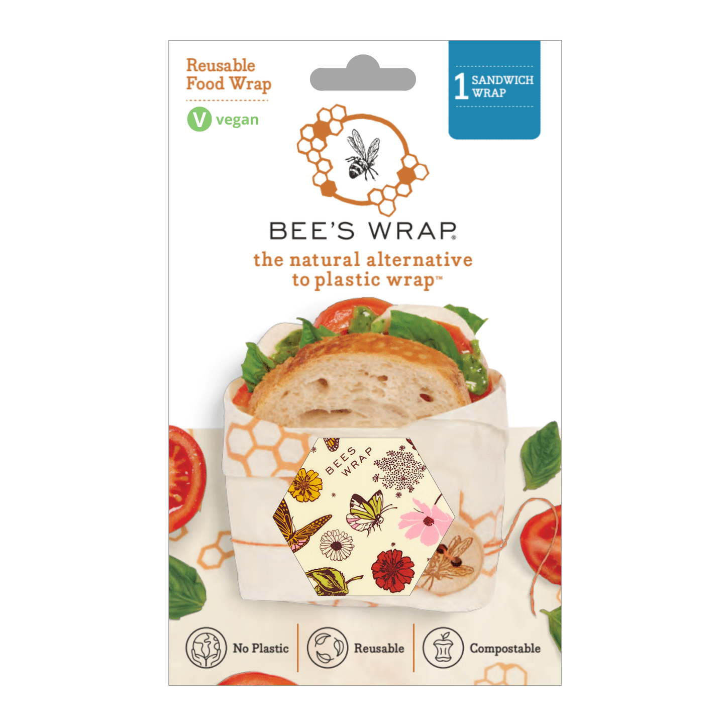 Bee's Wrap® Vegan Sandwich Wrap with Tie | Reusable Food Storage (13" x 13") - Vegan Meadow Magic Print