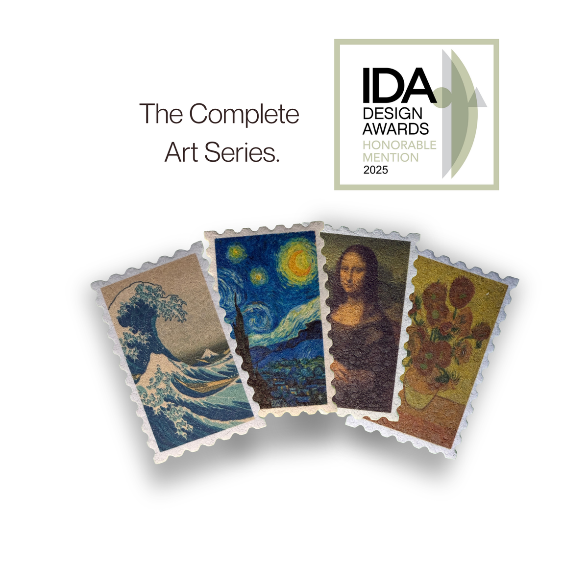 Four postage-stamp-style art prints fanned out on a white background, featuring Hokusai's Great Wave off Kanagawa, Van Gogh's Starry Night, Leonardo da Vinci's Mona Lisa, and Van Gogh's Sunflowers. Text reads 'The Complete Art Series.