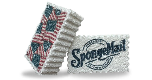 Eco Kitchen Sponge with American flag pattern and 'SpongeMail' branding on a white background