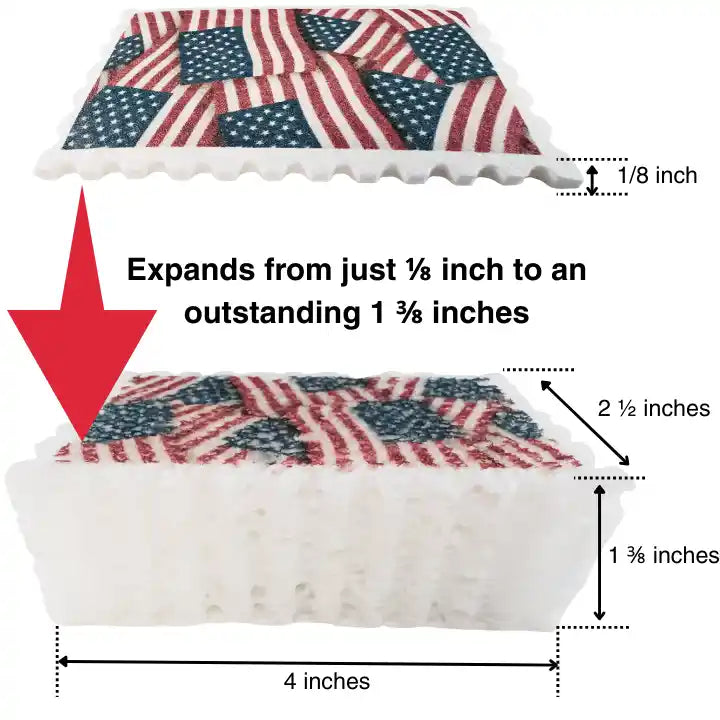 Measurement chart of a product with American flag pattern, showing expansion from 1/8 inch to 1 3/4 inches.