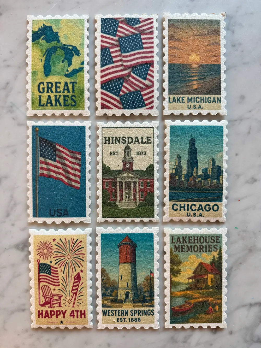 Colorful collection of vintage stamps featuring U.S. landmarks and patriotic themes.