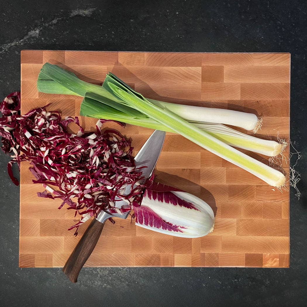 JKadams professional maple XL end grain cutting board with veggies and knife