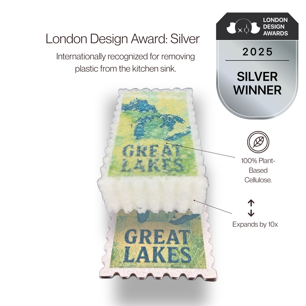 A product infographic for a London Design Award Silver Winner cellulose kitchen sponge. The image shows a rectangular cellulose sponge printed with a 'Great Lakes' landscape design, demonstrating its expansion feature with a second piece shown underneath