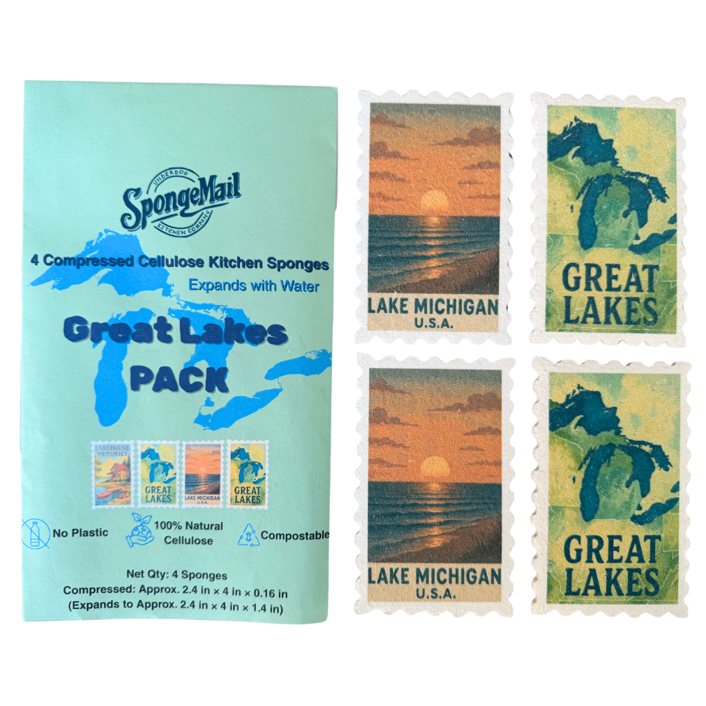 SpongeMail Great LakesPack with four compressed cellulose kitchen sponges featuring Lake Michigan imagery.