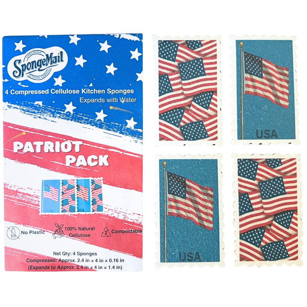 SpongeMail Patriot Pack with American flag-themed packaging with eco-friendly kitchen sponges.