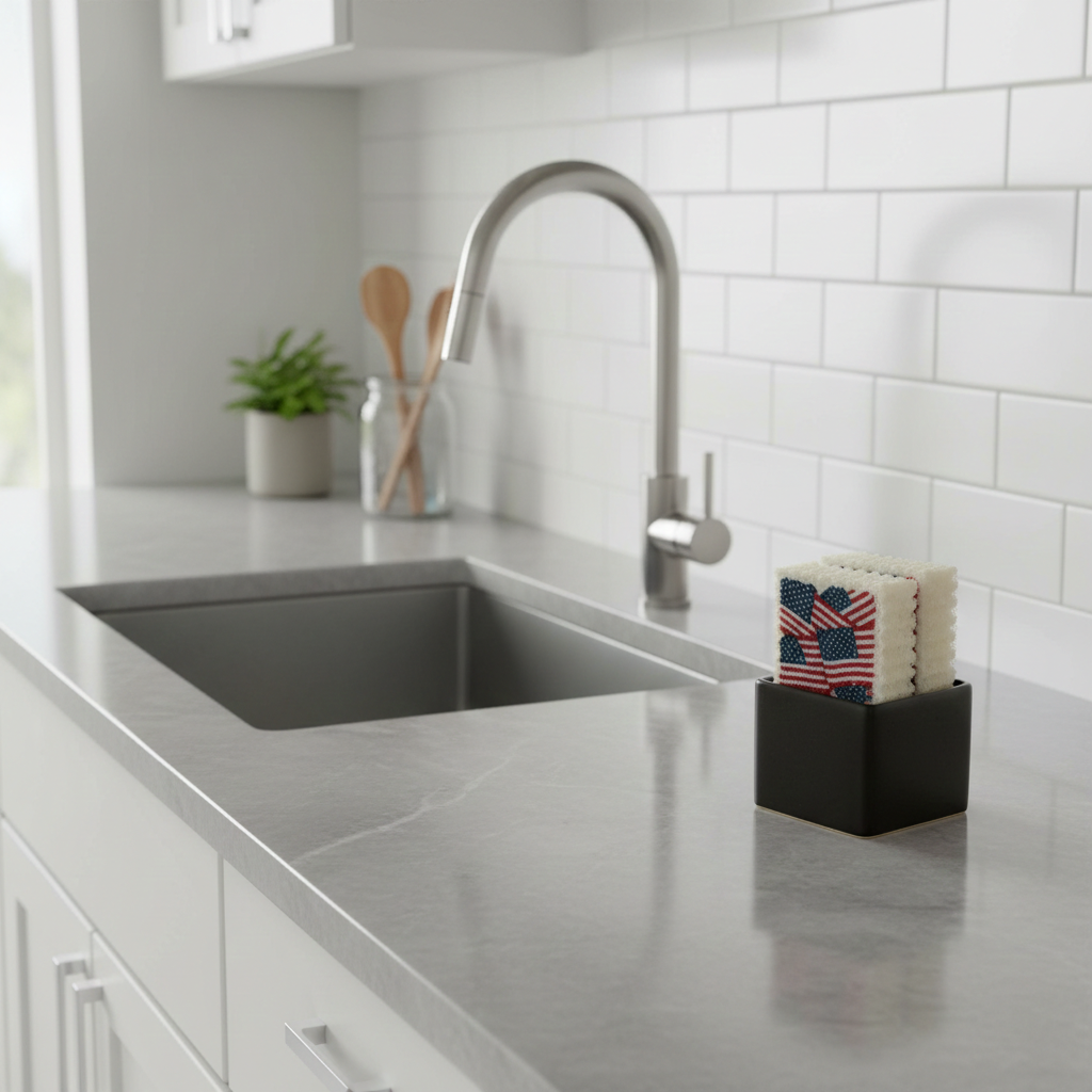 Underdog Kitchen Company hero image showing eco friendly kitchen sponges with usa flag and high end sink in the background