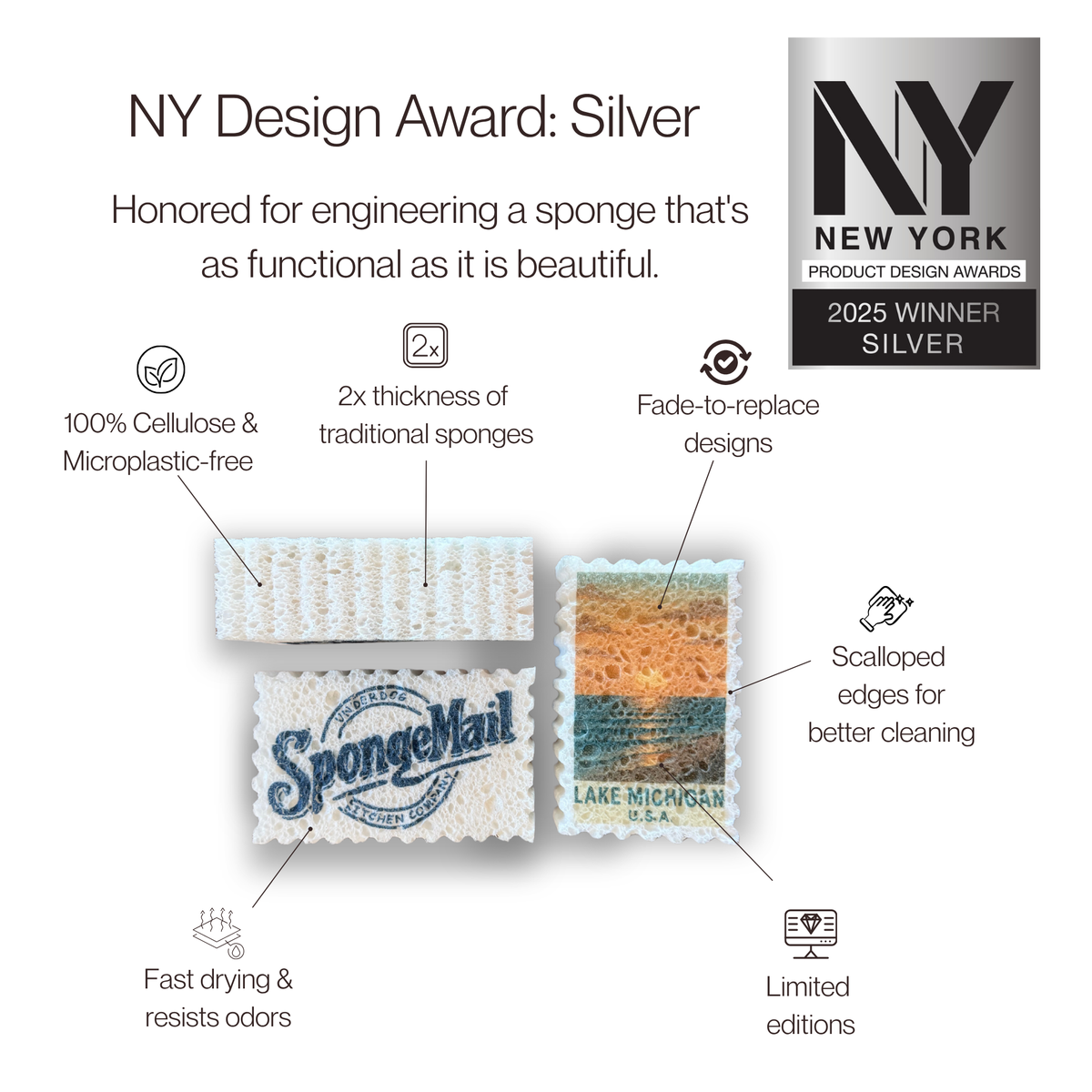Promotional graphic for a SpongeMail sponge featuring award text, product callouts, and a New York Design Award Silver badge. The image shows several sponge samples with feature callouts including 100% cellulose and microplastic-free material, 2x thickness of traditional sponges, fade-to-replace designs, scalloped edges, fast drying, limited editions, and the New York Design Award Silver 2025 winner badge.