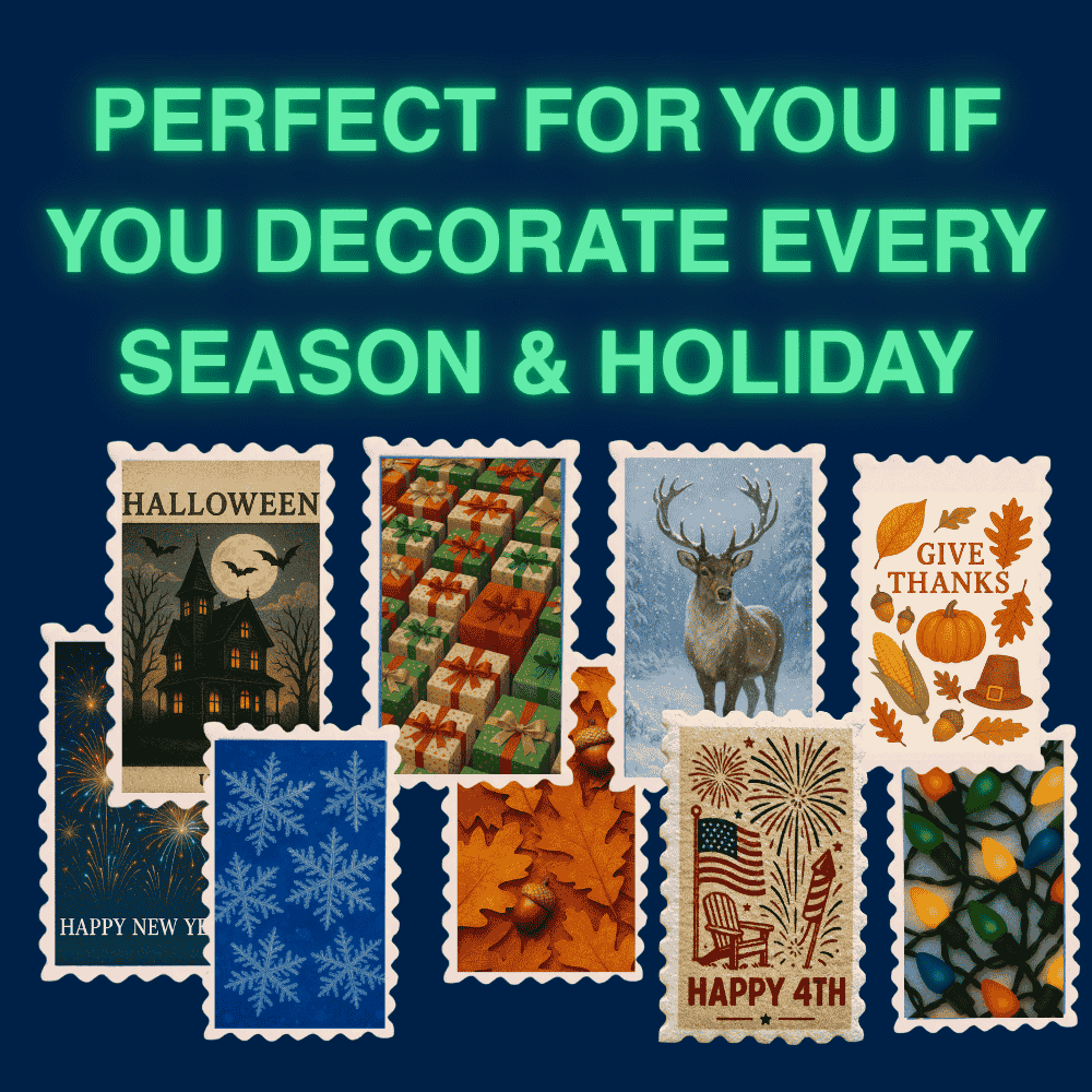 Collage of seasonal decorations for holidays including Halloween, Thanksgiving, New Year, and 4th of July.