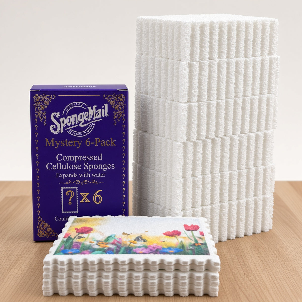A purple SpongeMail Mystery 6-Pack box stands on a light wood surface next to a stack of white postage-stamp-shaped compressed cellulose sponges, and 6 which are expanded.
