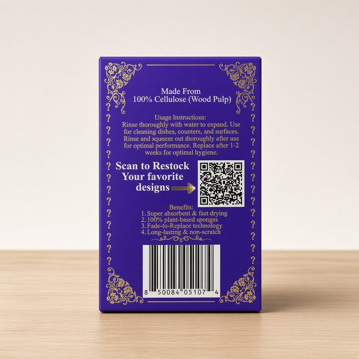 Back of the purple spongemail 6-pack packaging Showing that the sponges are made from 100% cellulose(wood pulp) and QR code to restock your favorite designs